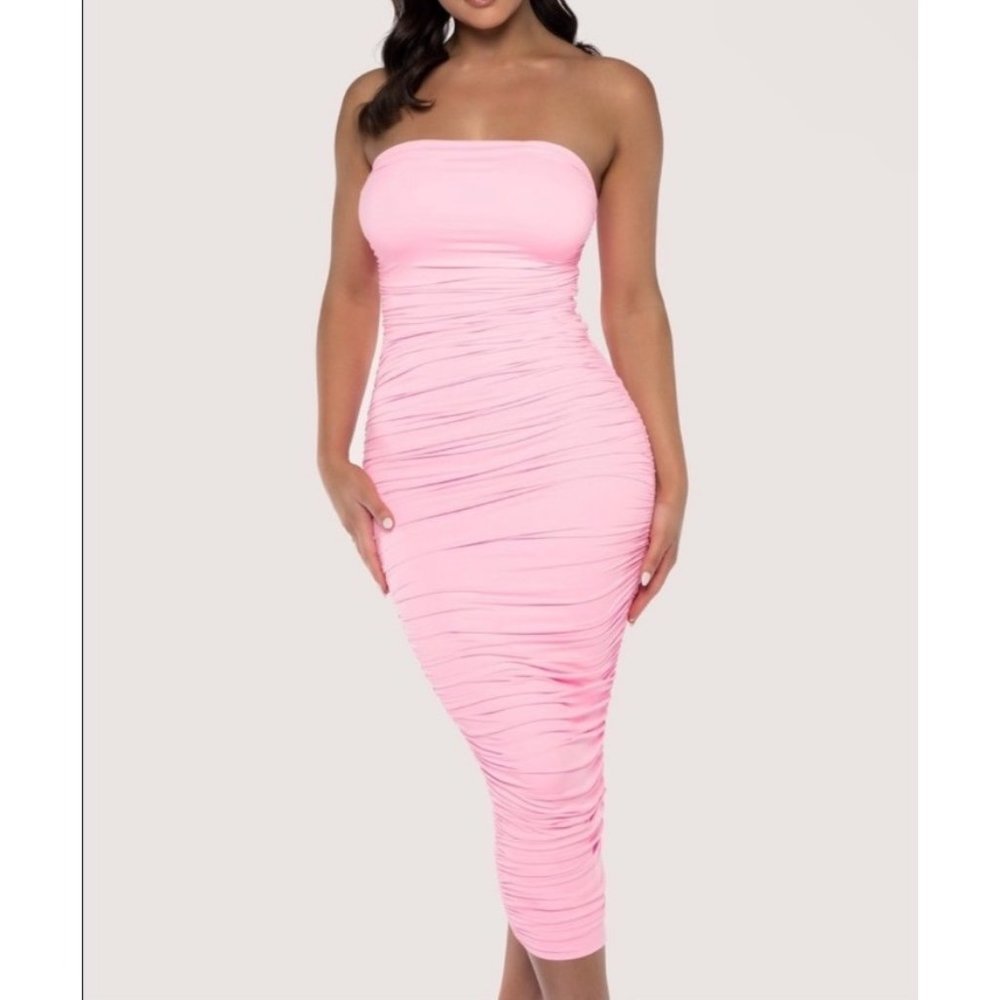 Meshki ruched tube midi dress Barbie candy pink strapless size S